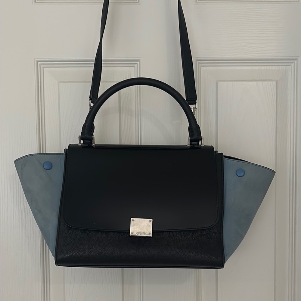 Celine Black Leather and Blue Suede Handbag